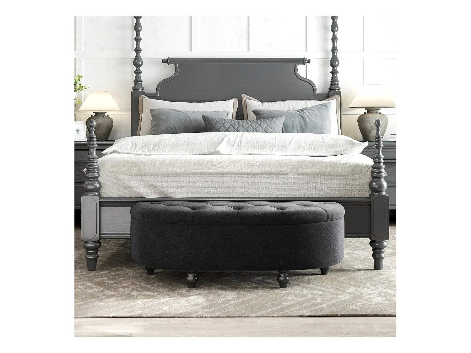 Banc de rangement velours, bois de gomme, gris foncé, confortable et élégant (120x46x42cm)