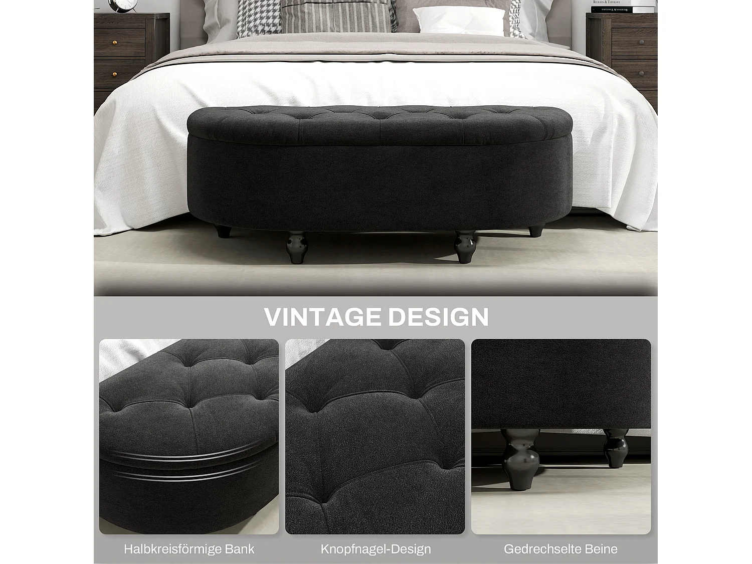 Banc de rangement velours, bois de gomme, gris foncé, confortable et élégant (120x46x42cm)