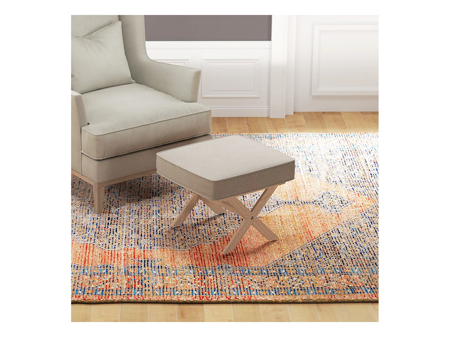 Pouf avec assise rembourrée, tissu lin, pieds en bois, antidérapant, crème (51x47x42 cm)