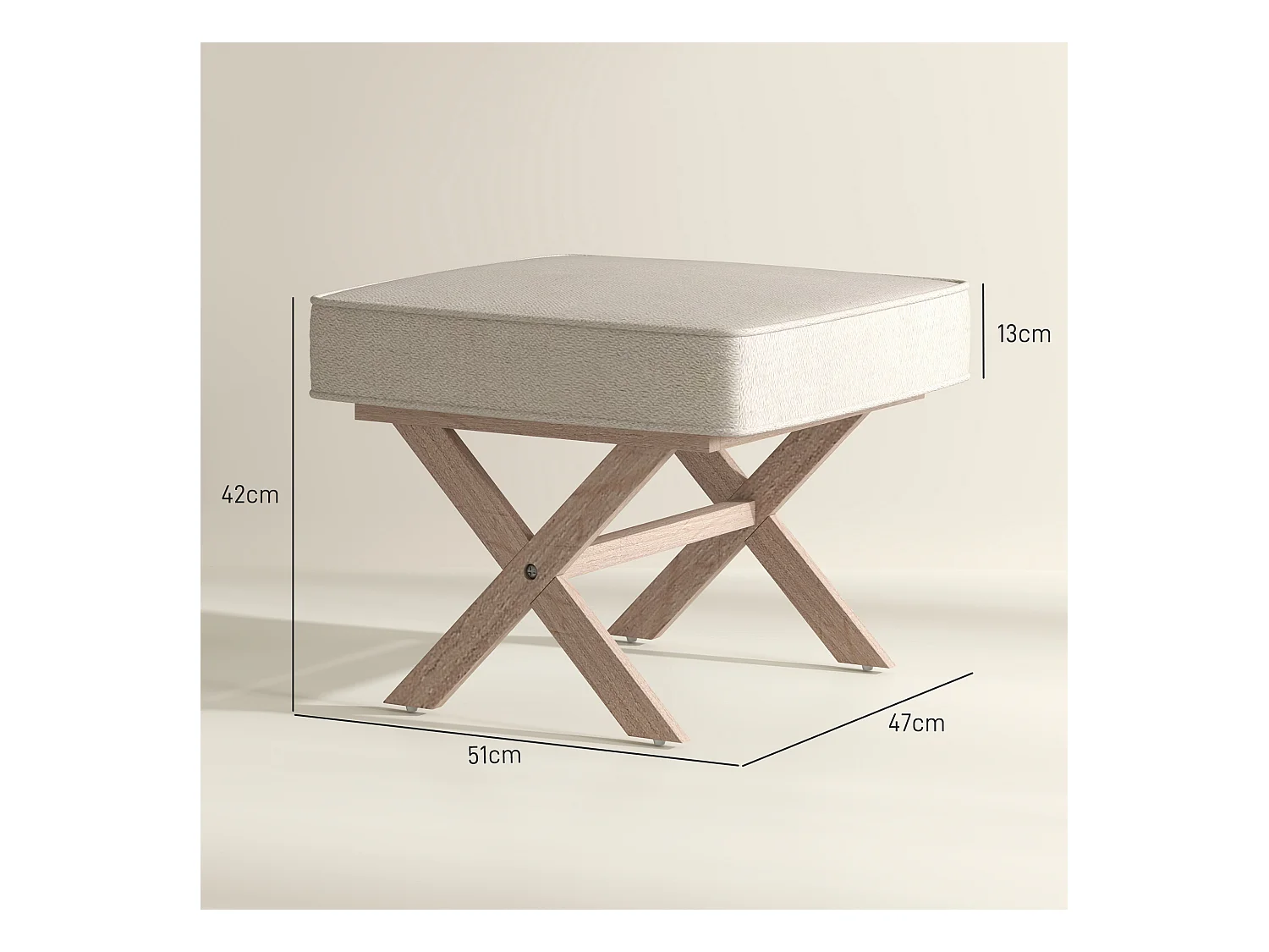 Pouf avec assise rembourrée, tissu lin, pieds en bois, antidérapant, crème (51x47x42 cm)