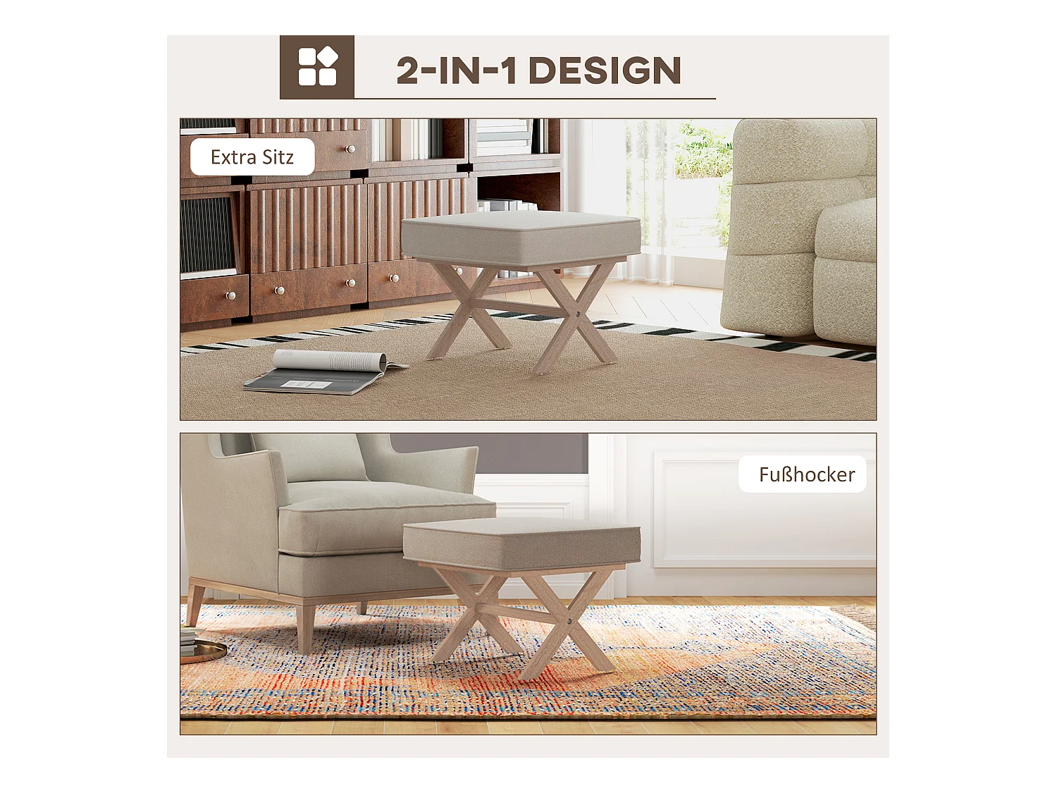 Pouf avec assise rembourrée, tissu lin, pieds en bois, antidérapant, crème (51x47x42 cm)