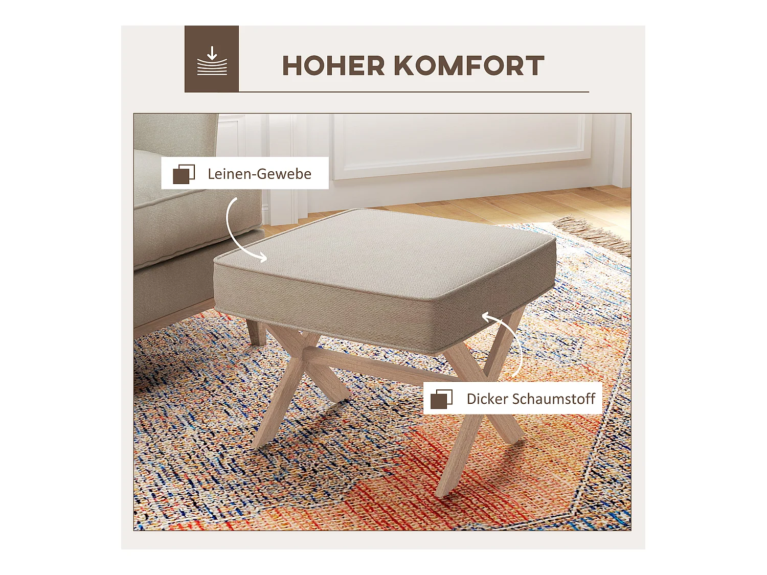 Pouf avec assise rembourrée, tissu lin, pieds en bois, antidérapant, crème (51x47x42 cm)