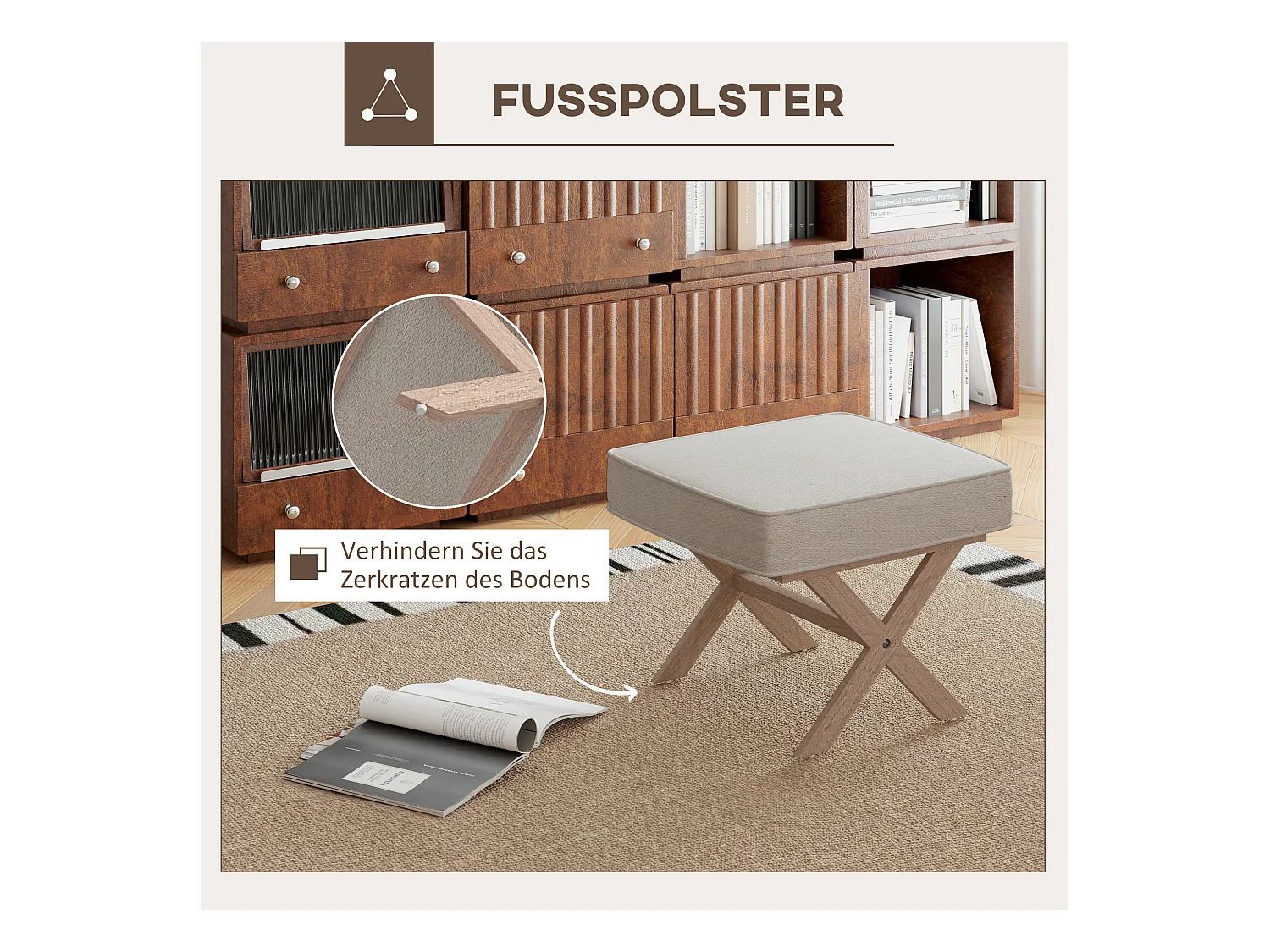 Pouf avec assise rembourrée, tissu lin, pieds en bois, antidérapant, crème (51x47x42 cm)