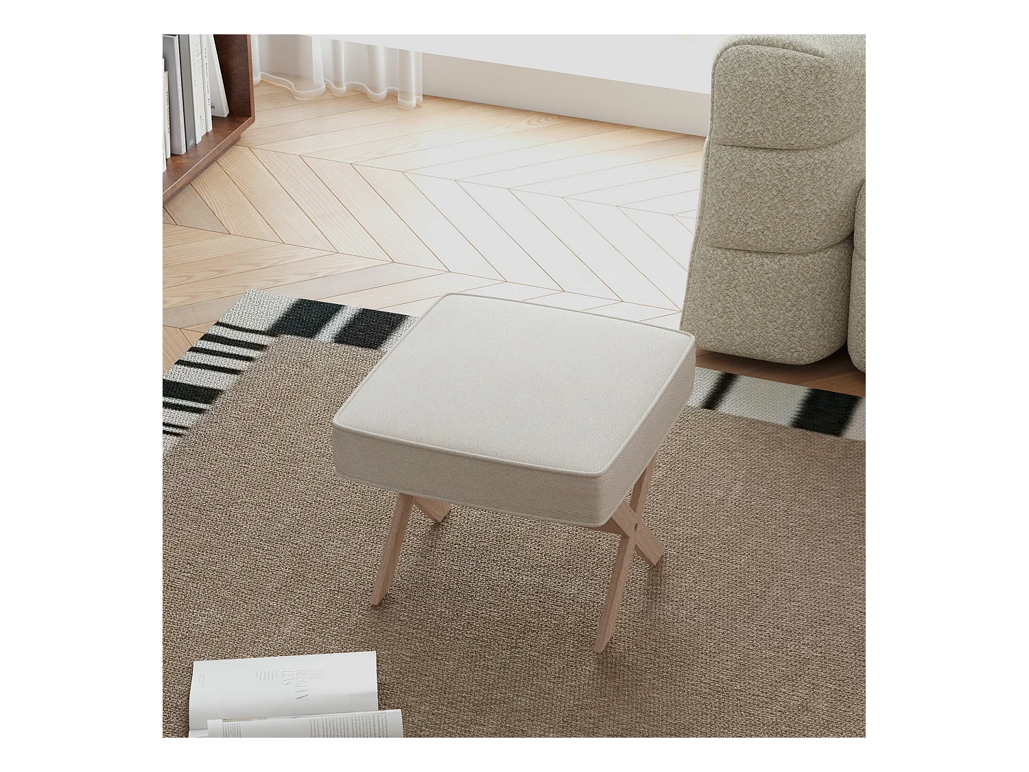 Pouf avec assise rembourrée, tissu lin, pieds en bois, antidérapant, crème (51x47x42 cm)