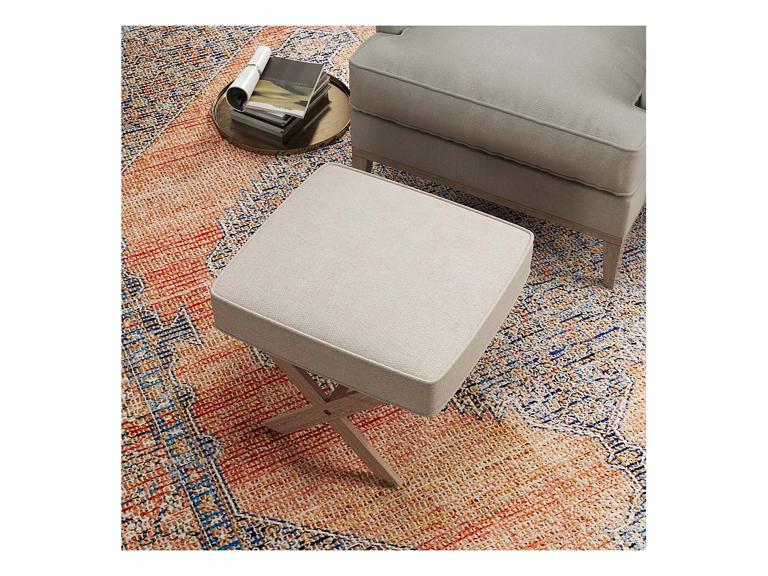 Pouf avec assise rembourrée, tissu lin, pieds en bois, antidérapant, crème (51x47x42 cm)