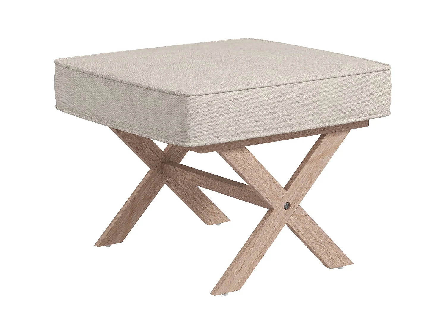 Poef met gewatteerde zitting, linnen stof, houten poten, antislip, crème (51x47x42 cm)