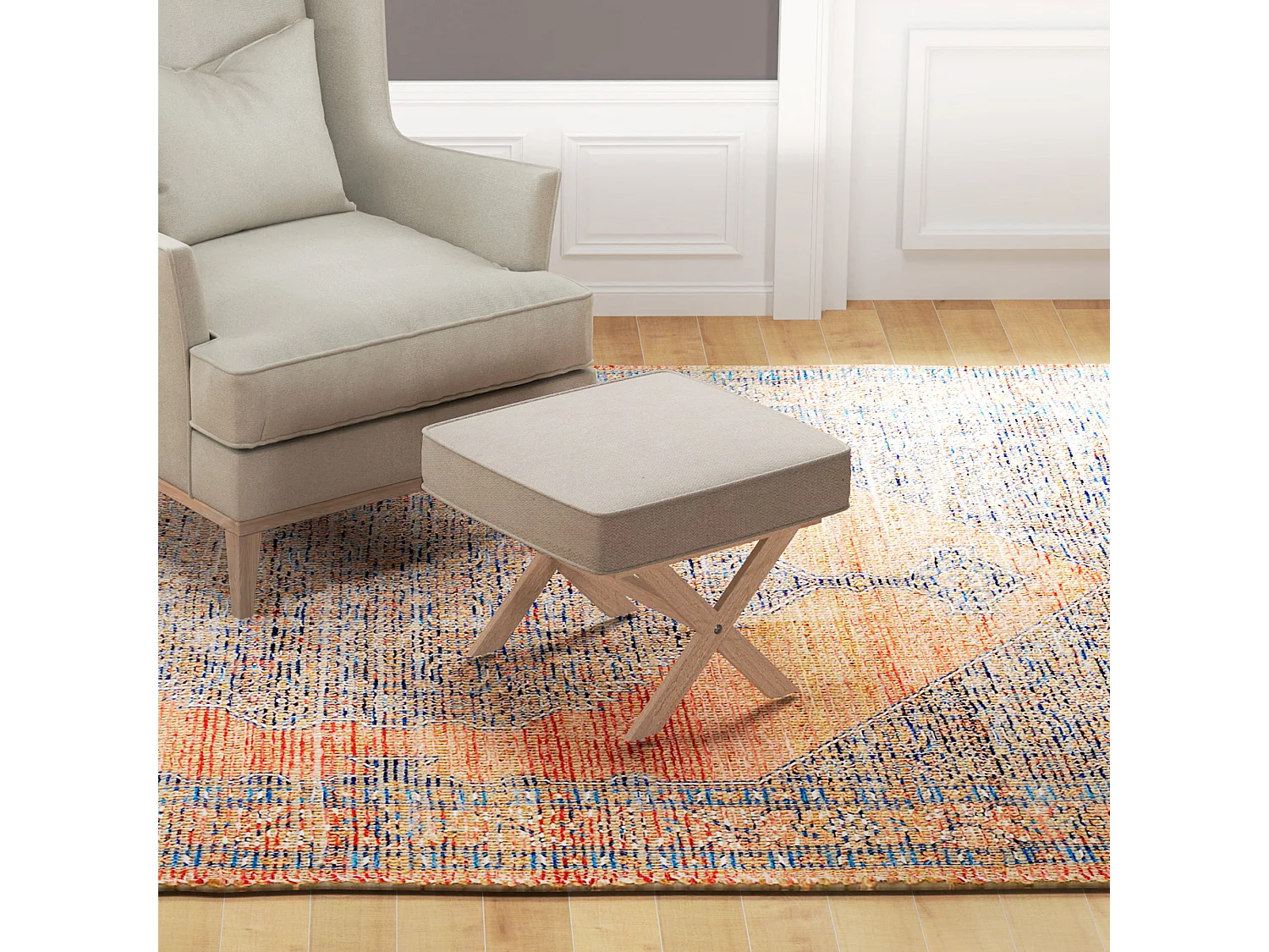 Pouf avec assise rembourrée, tissu lin, pieds en bois, antidérapant, crème (51x47x42 cm)