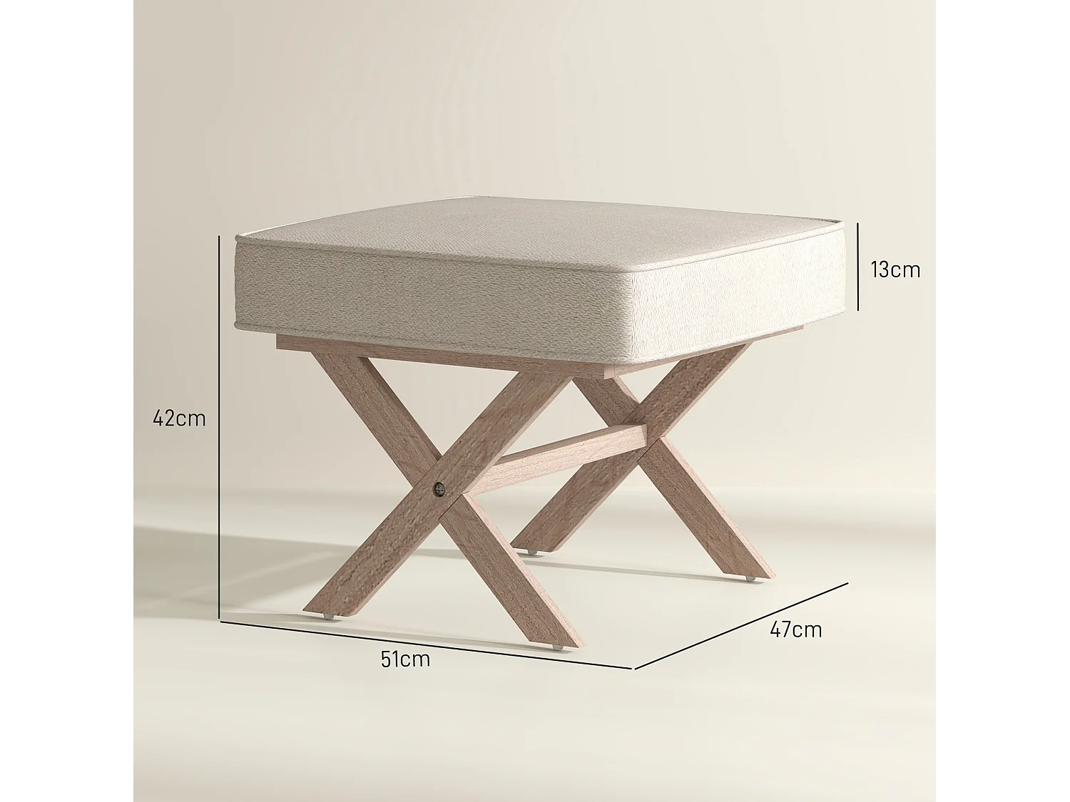 Pouf avec assise rembourrée, tissu lin, pieds en bois, antidérapant, crème (51x47x42 cm)