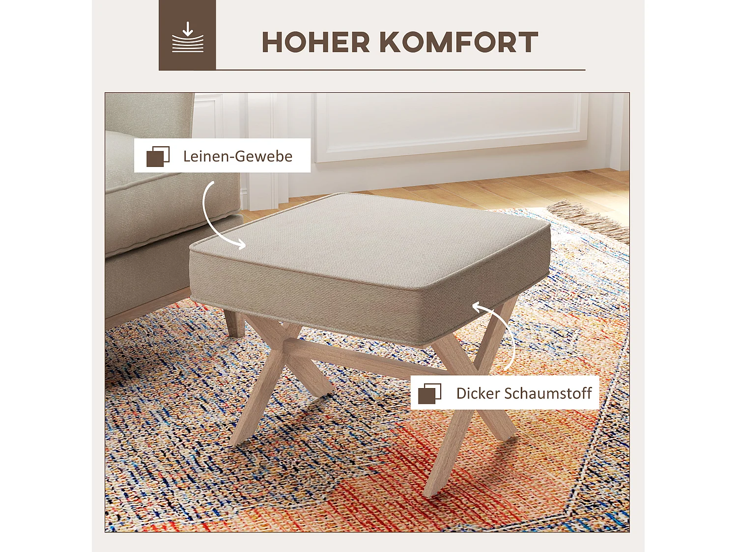 Pouf avec assise rembourrée, tissu lin, pieds en bois, antidérapant, crème (51x47x42 cm)