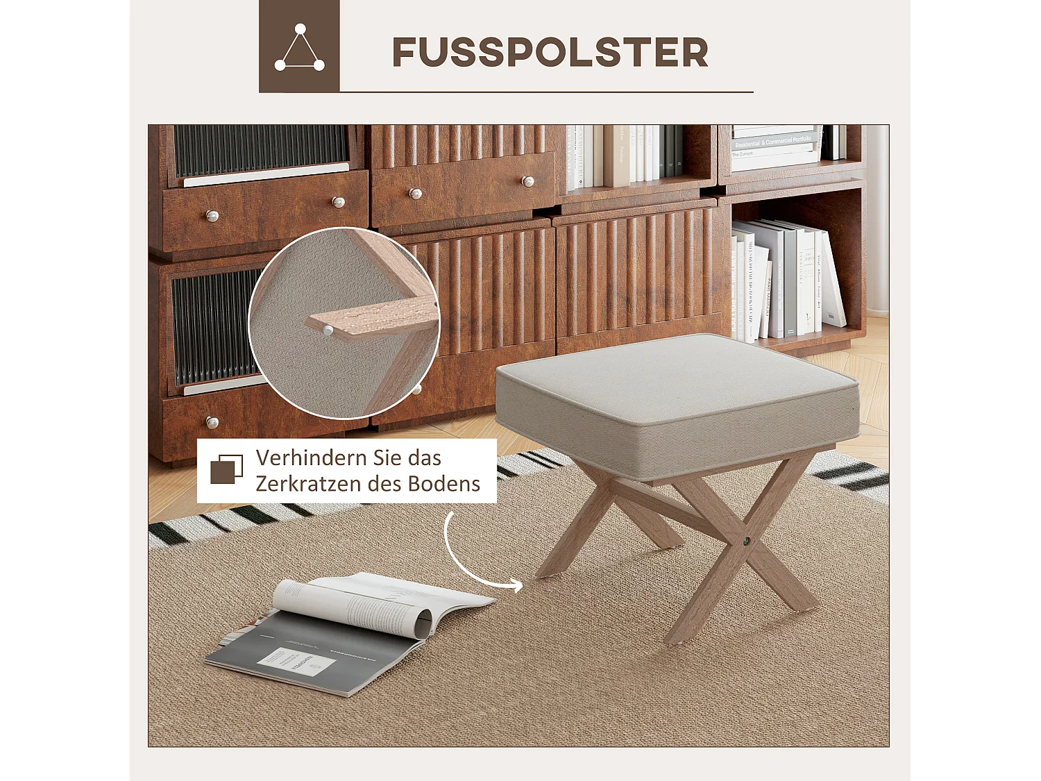 Pouf avec assise rembourrée, tissu lin, pieds en bois, antidérapant, crème (51x47x42 cm)