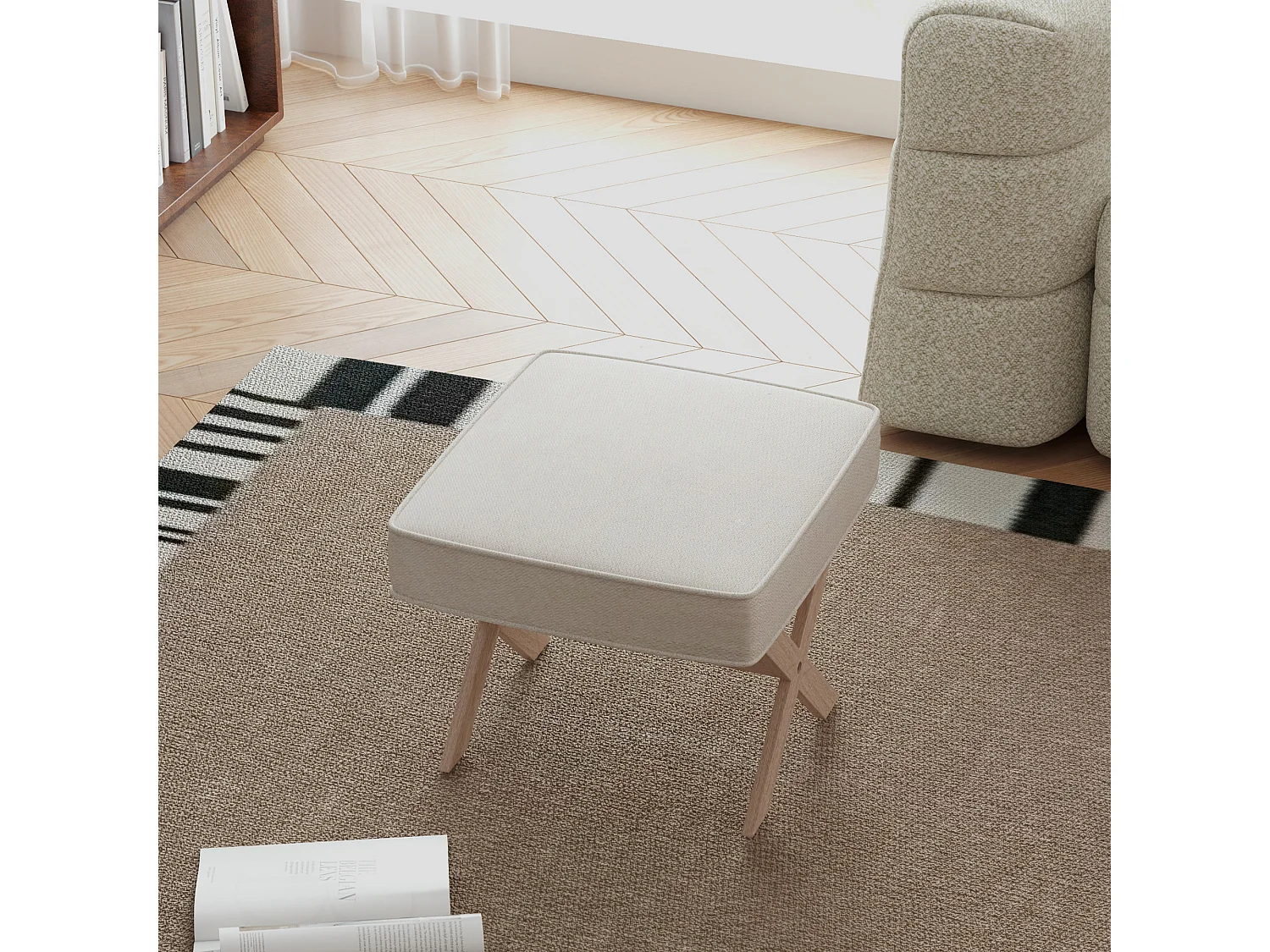 Pouf avec assise rembourrée, tissu lin, pieds en bois, antidérapant, crème (51x47x42 cm)