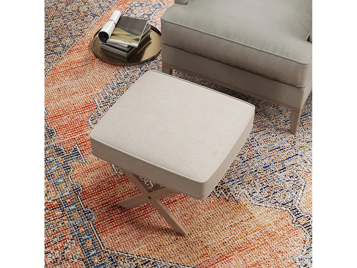 Pouf avec assise rembourrée, tissu lin, pieds en bois, antidérapant, crème (51x47x42 cm)