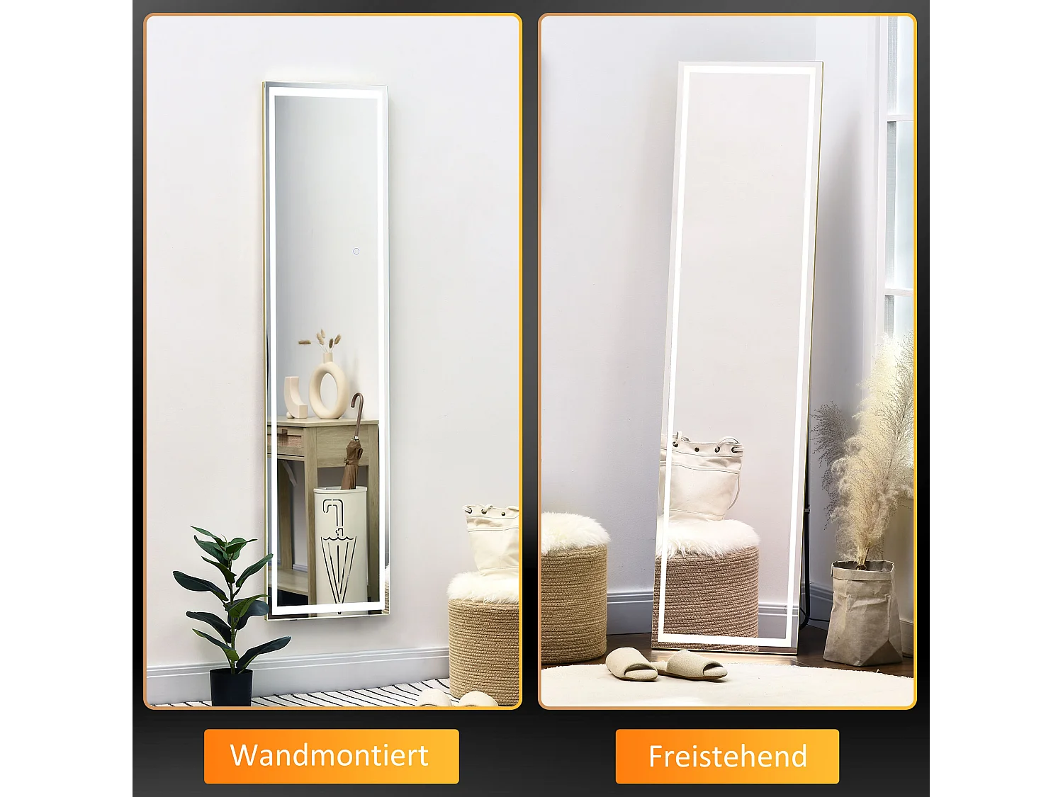 Miroir 2 en 1 mural et sur pied avec LED dimmable, aluminium, argenté (40x37x156.5cm)