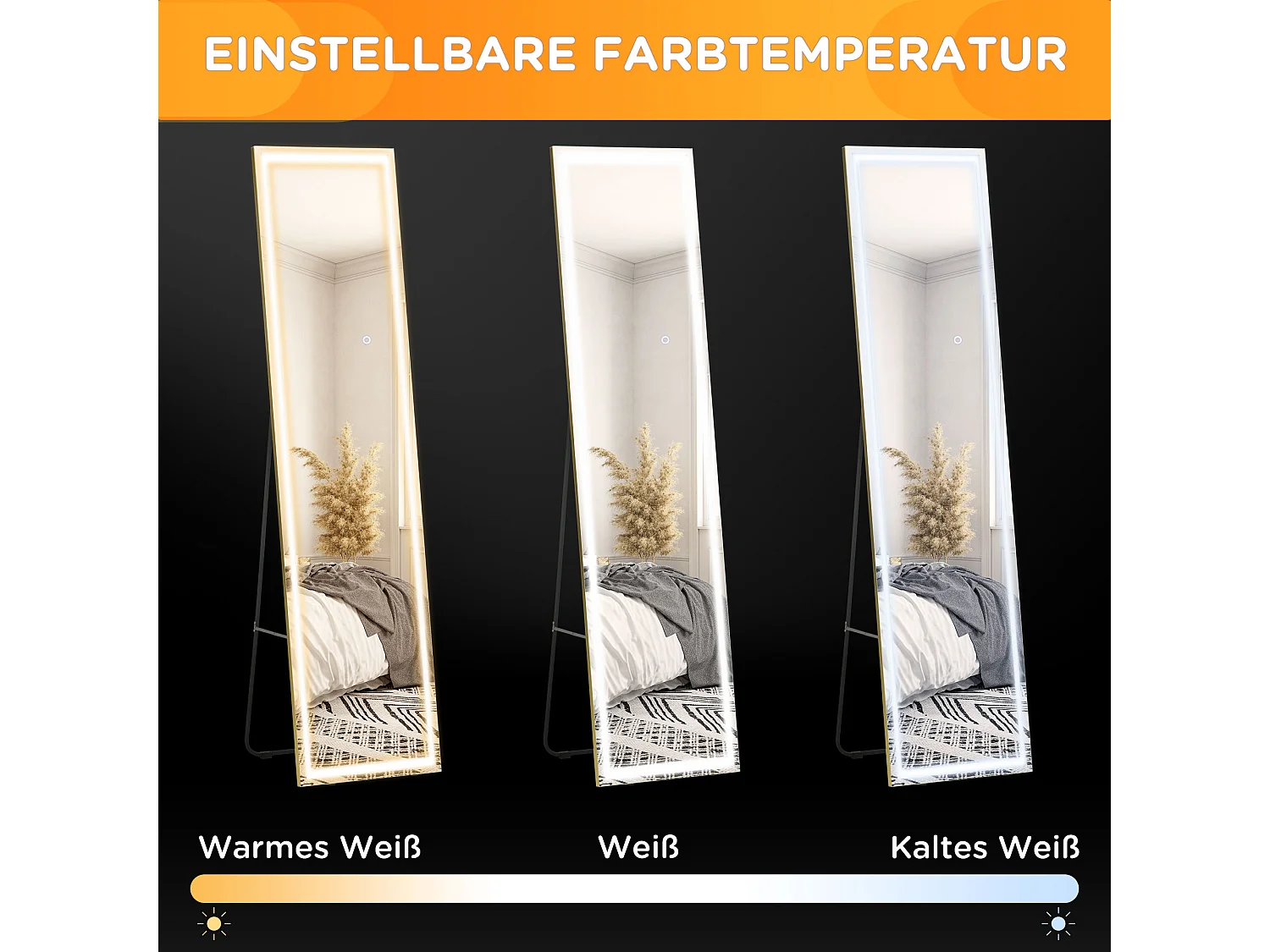 Miroir 2 en 1 mural et sur pied avec LED dimmable, aluminium, argenté (40x37x156.5cm)