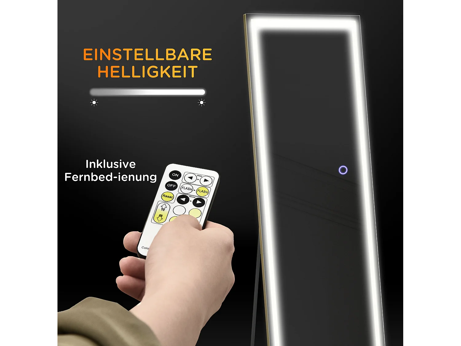 Miroir 2 en 1 mural et sur pied avec LED dimmable, aluminium, argenté (40x37x156.5cm)