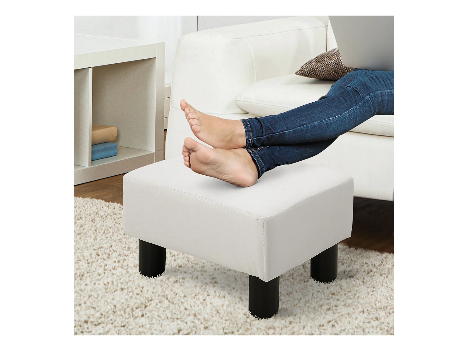 Pouf Chesterfield en similicuir, blanc, avec mousse confortable, 40x30x24 cm