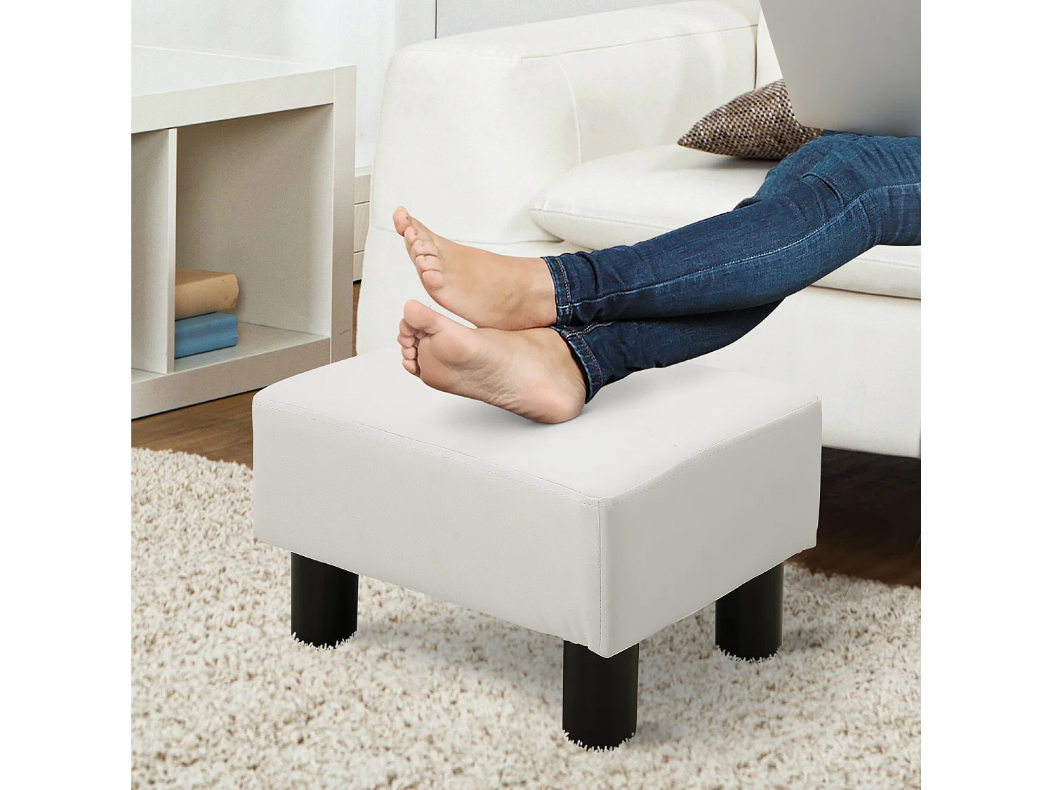 Pouf Chesterfield en similicuir, blanc, avec mousse confortable, 40x30x24 cm