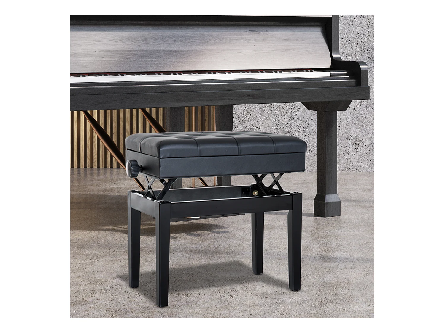 Banc de piano avec rangement, hauteur réglable, simili cuir noir (54.5x33x48-58 cm)