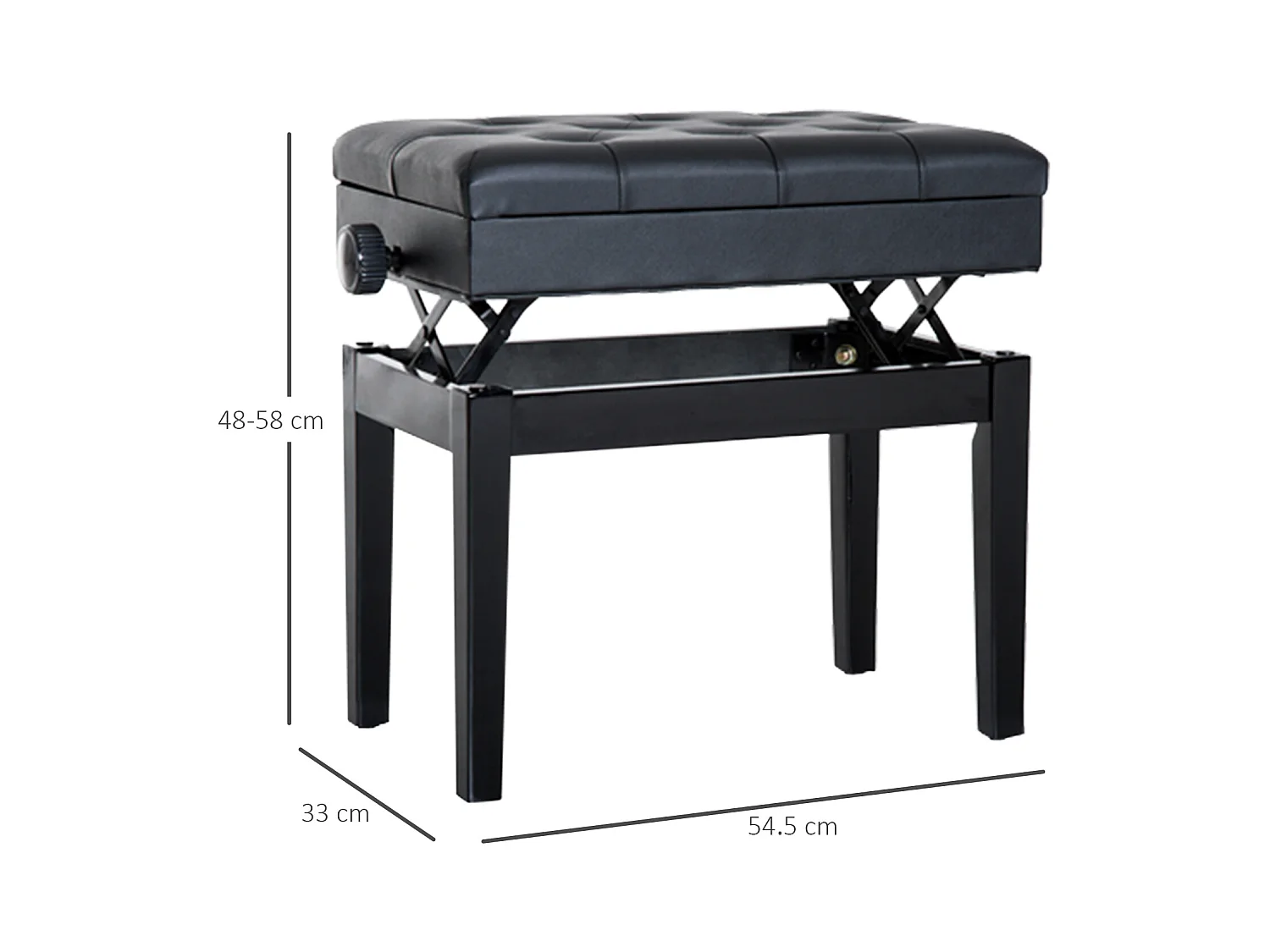 Banc de piano avec rangement, hauteur réglable, simili cuir noir (54.5x33x48-58 cm)