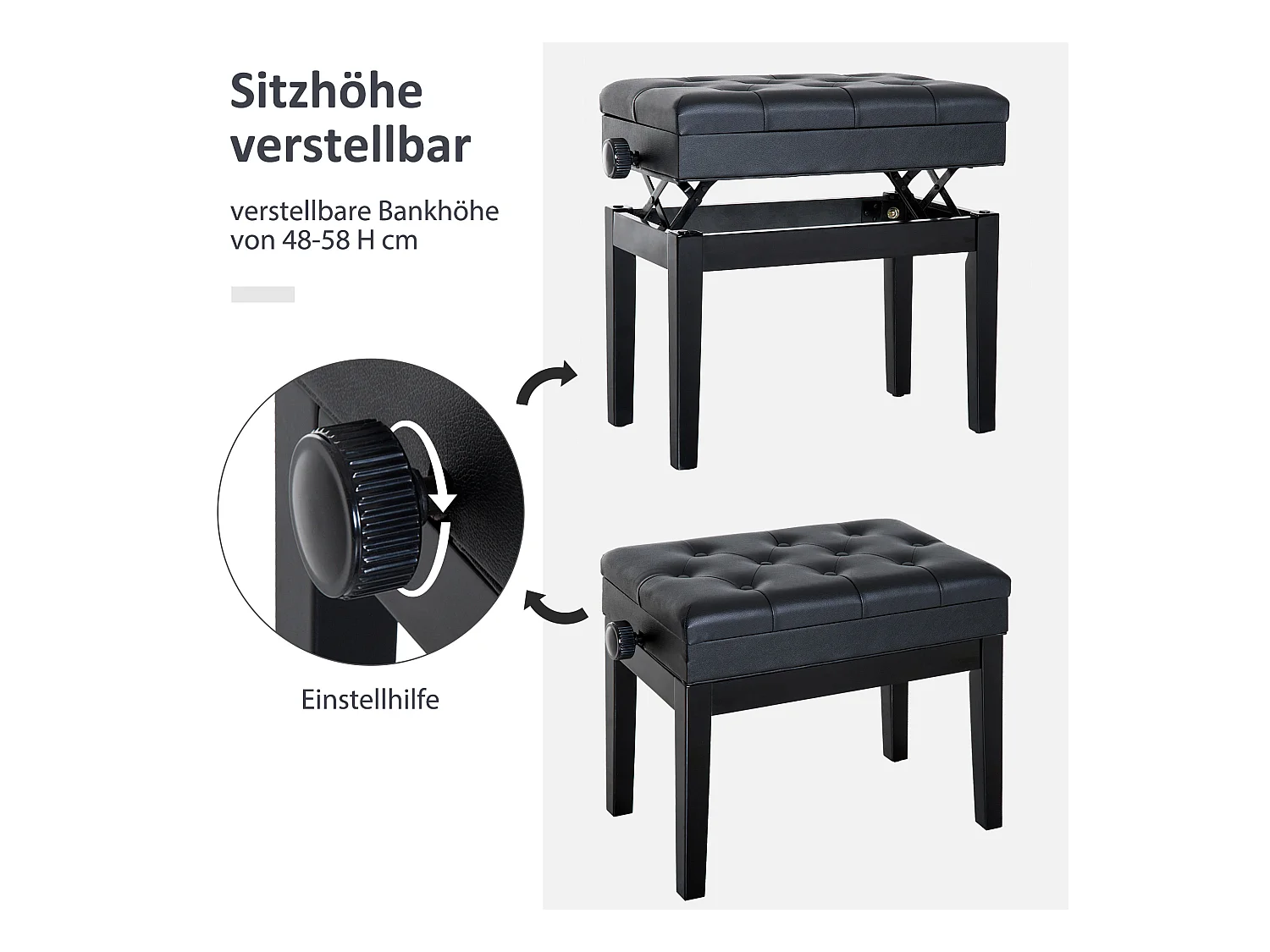 Banc de piano avec rangement, hauteur réglable, simili cuir noir (54.5x33x48-58 cm)