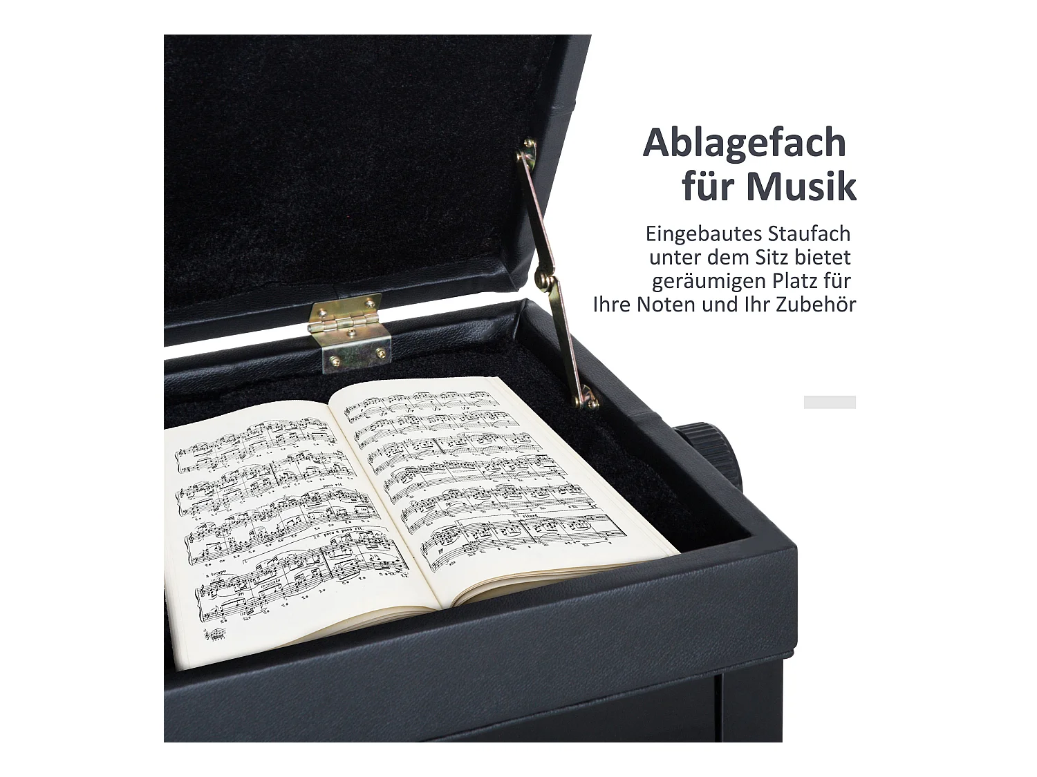 Banc de piano avec rangement, hauteur réglable, simili cuir noir (54.5x33x48-58 cm)