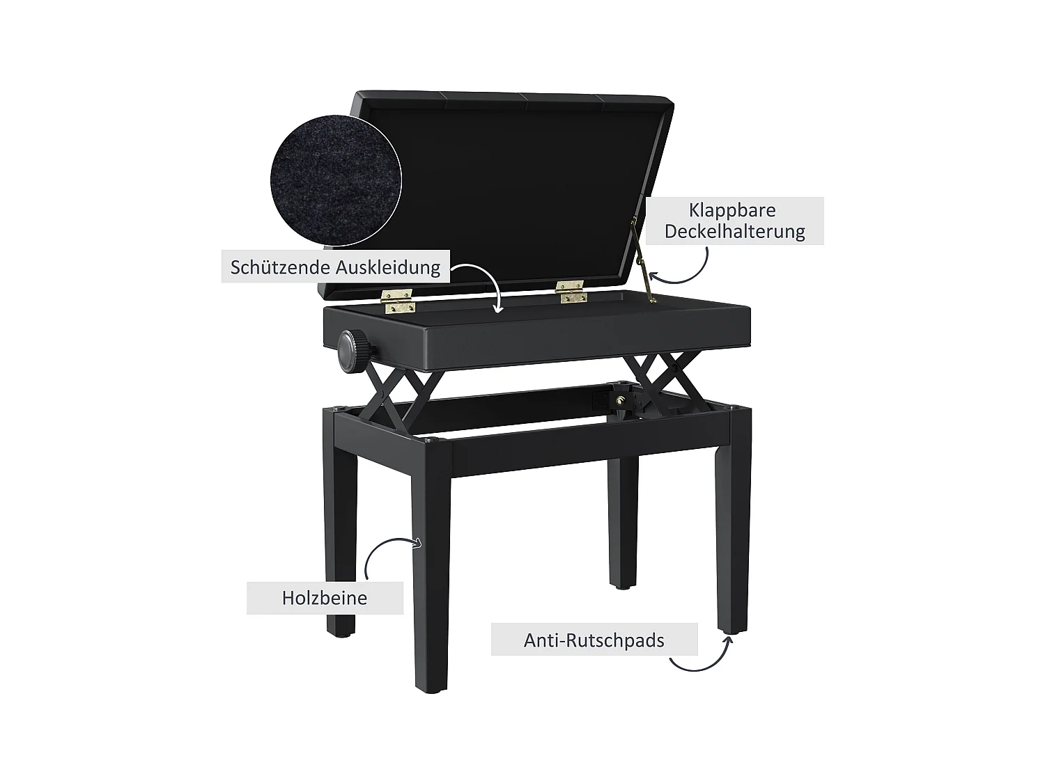 Banc de piano avec rangement, hauteur réglable, simili cuir noir (54.5x33x48-58 cm)