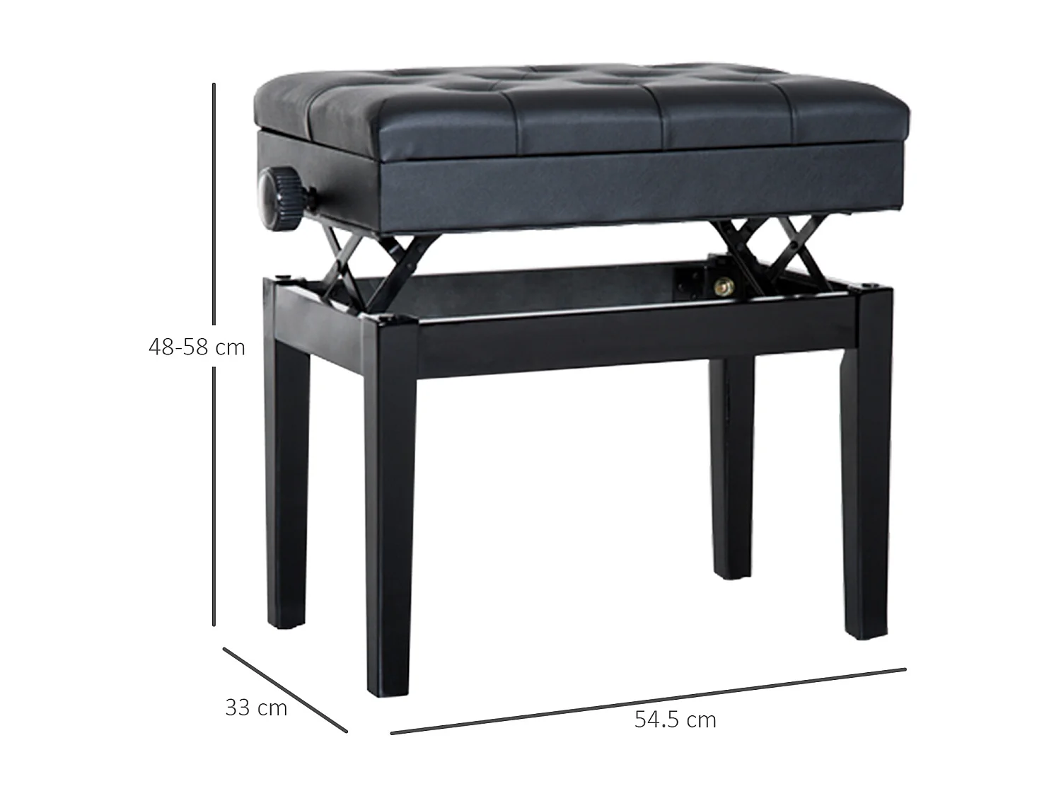 Banc de piano avec rangement, hauteur réglable, simili cuir noir (54.5x33x48-58 cm)