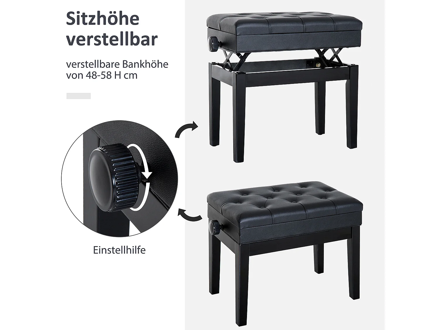 Banc de piano avec rangement, hauteur réglable, simili cuir noir (54.5x33x48-58 cm)
