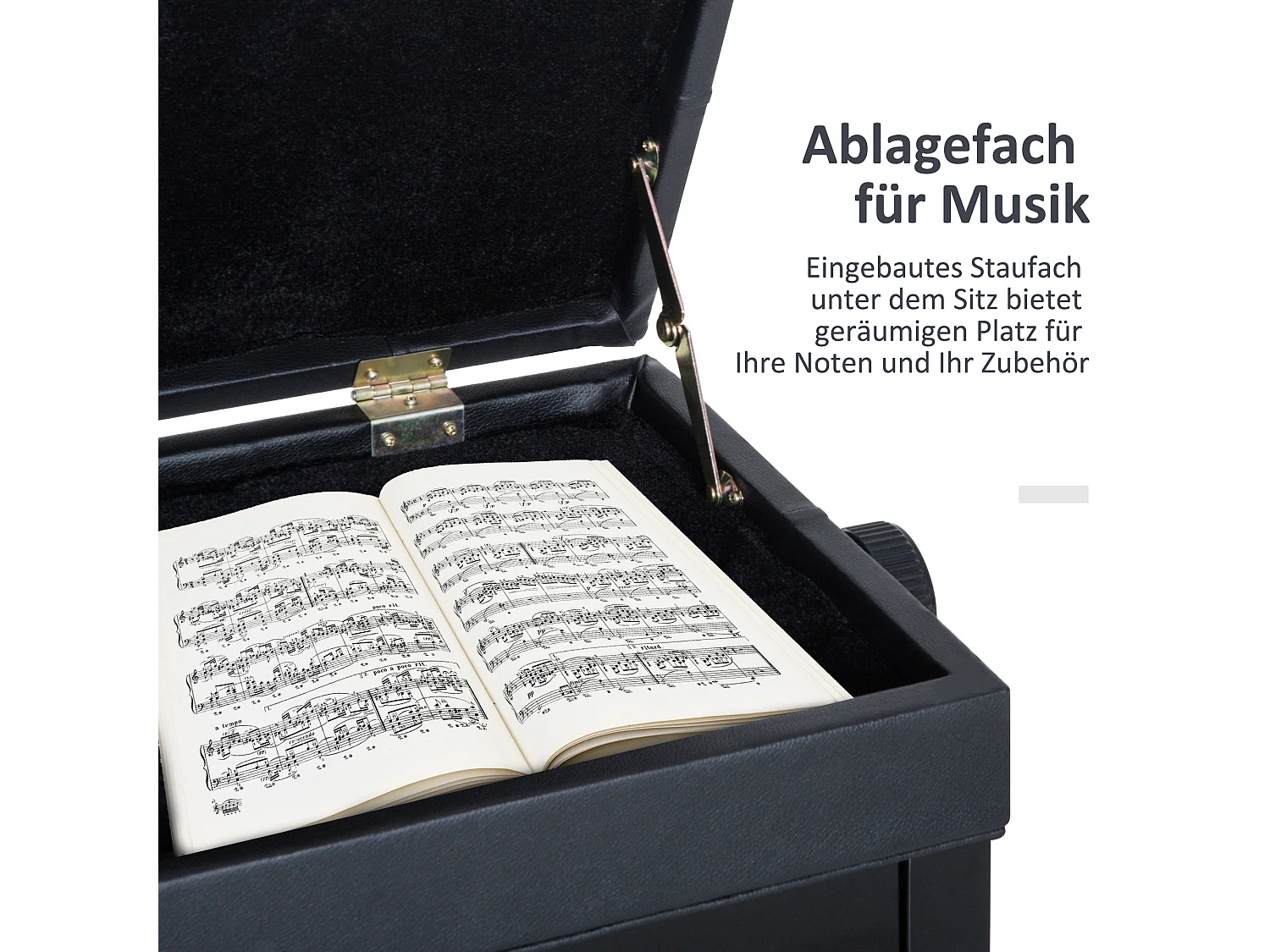 Banc de piano avec rangement, hauteur réglable, simili cuir noir (54.5x33x48-58 cm)