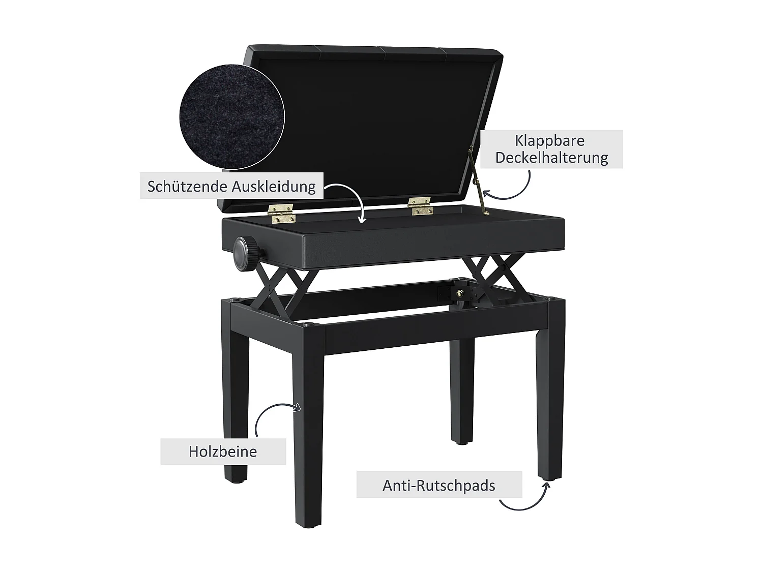 Banc de piano avec rangement, hauteur réglable, simili cuir noir (54.5x33x48-58 cm)