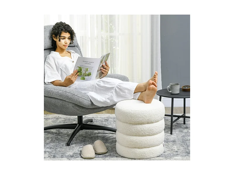 Pouf rond, avec coussin, polyester, crème, pour salon et chambre (40x40x45 cm)
