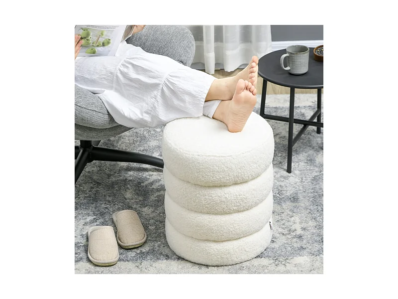 Pouf rond, avec coussin, polyester, crème, pour salon et chambre (40x40x45 cm)