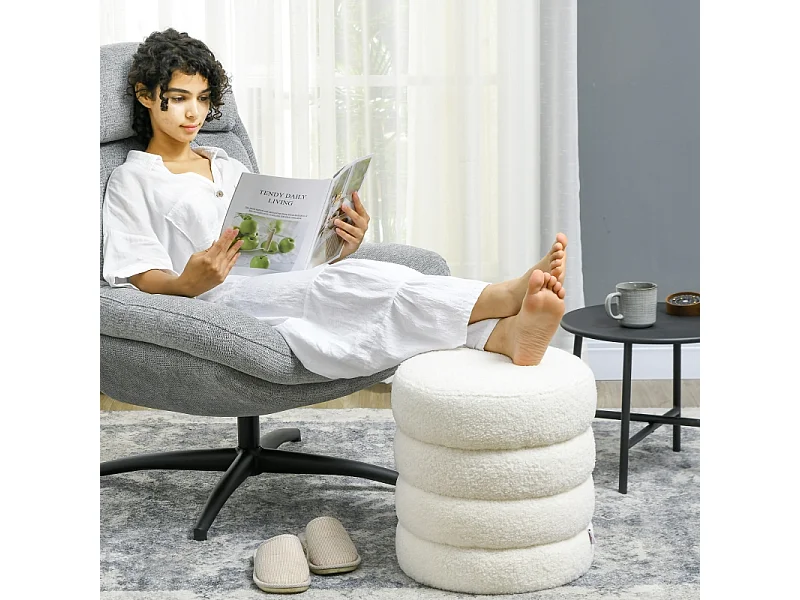 Pouf rond, avec coussin, polyester, crème, pour salon et chambre (40x40x45 cm)
