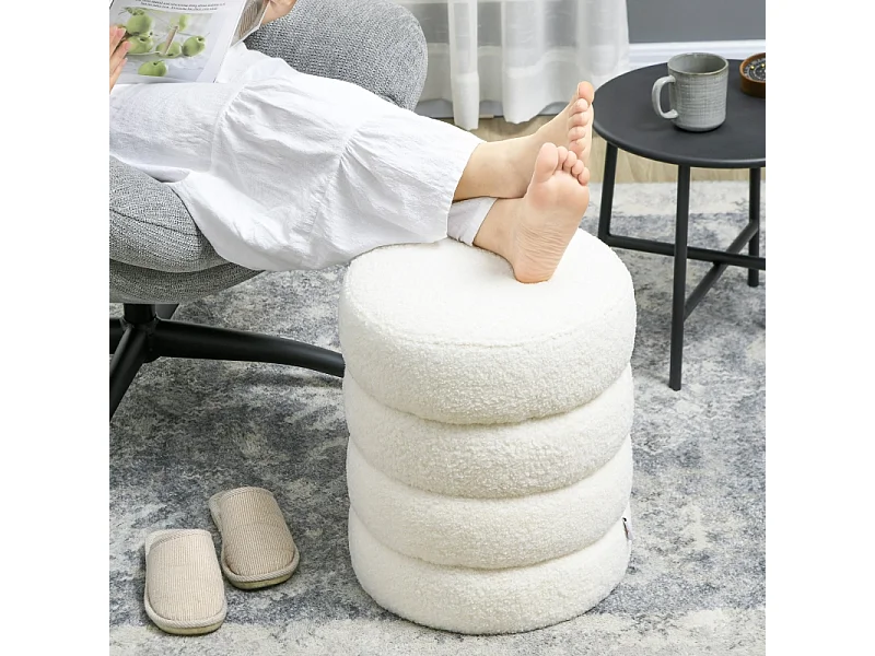 Pouf rond, avec coussin, polyester, crème, pour salon et chambre (40x40x45 cm)