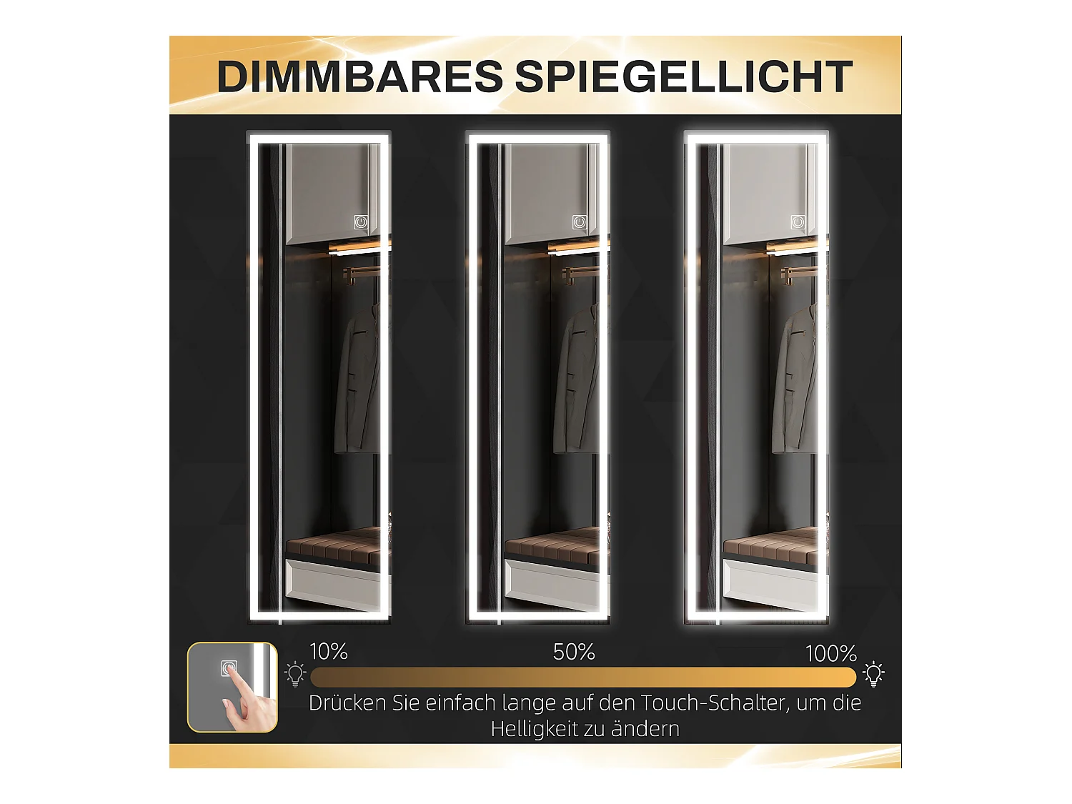 Miroir mural LED pleine longueur, verre trempé, transparent (120x40x2.9cm)