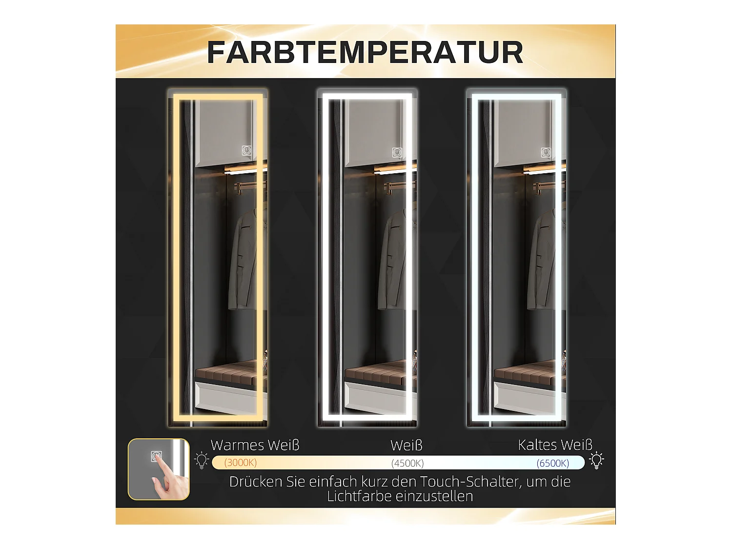 Miroir mural LED pleine longueur, verre trempé, transparent (120x40x2.9cm)