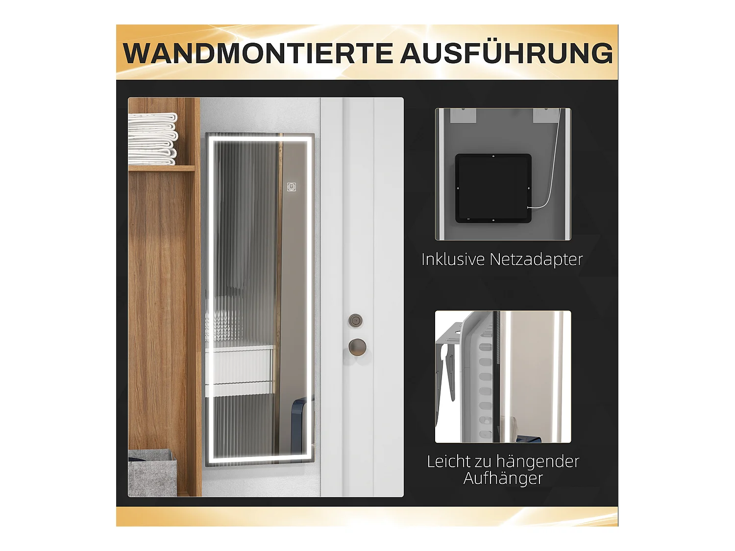 Miroir mural LED pleine longueur, verre trempé, transparent (120x40x2.9cm)