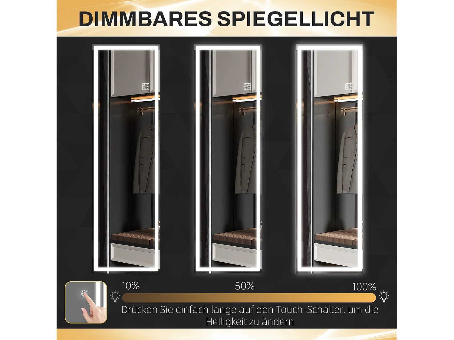 Specchio da parete a LED a figura intera, in vetro temperato, trasparente (120x40x2,9cm)