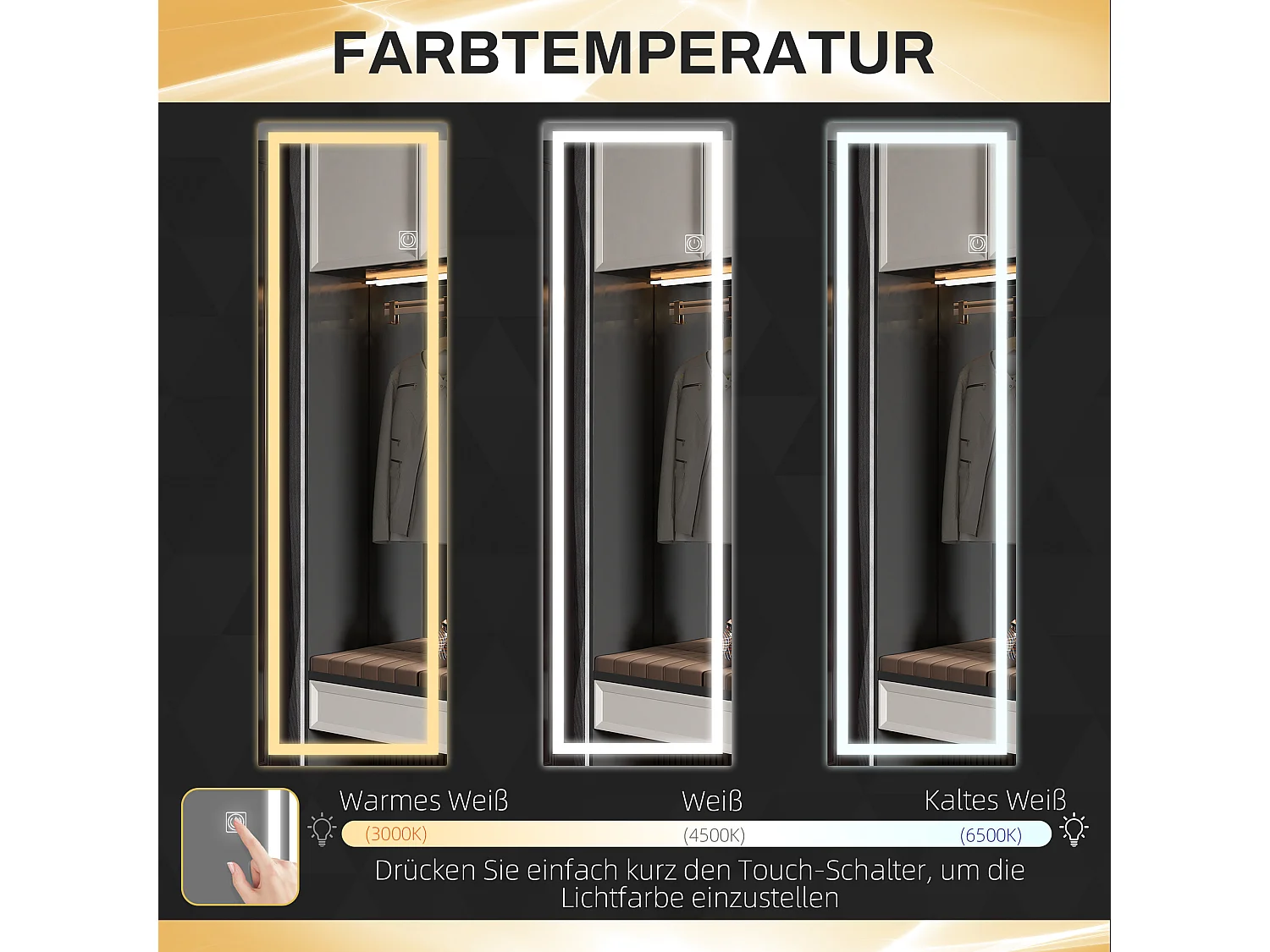 Specchio da parete a LED a figura intera, in vetro temperato, trasparente (120x40x2,9cm)