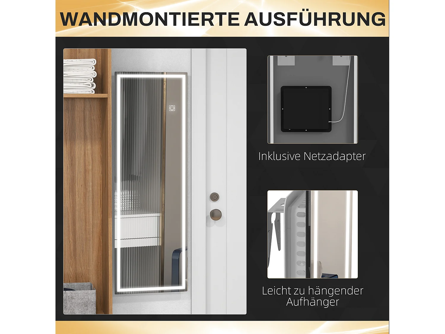 Specchio da parete a LED a figura intera, in vetro temperato, trasparente (120x40x2,9cm)