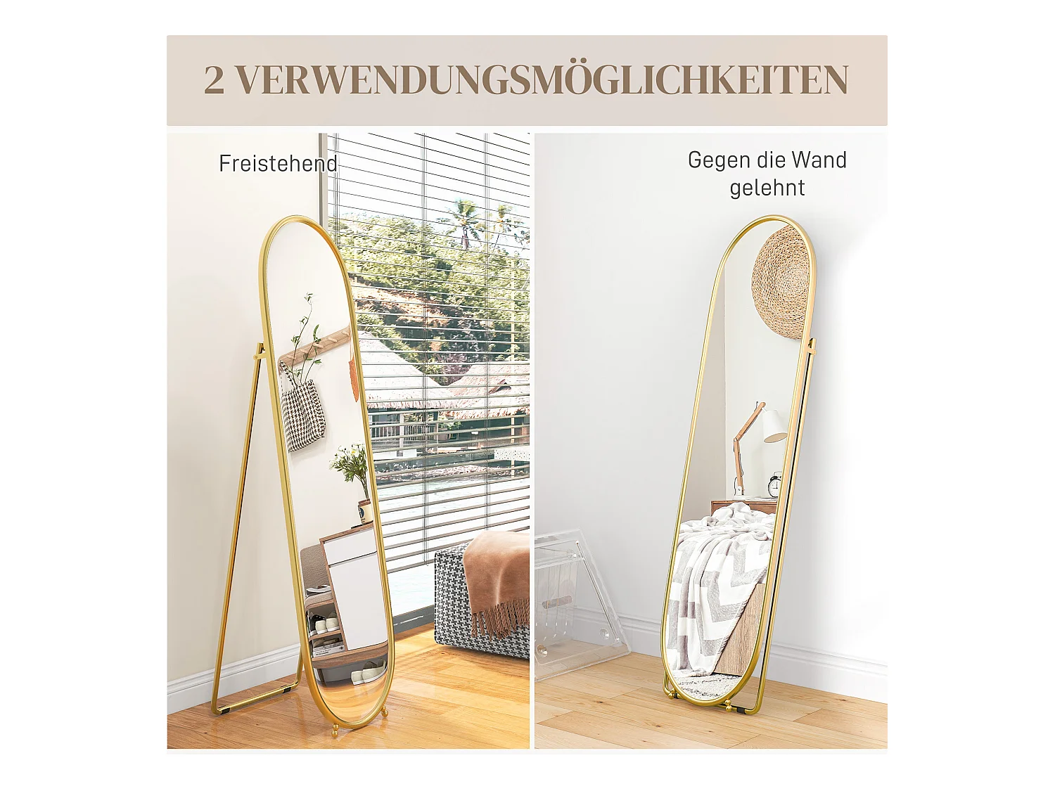 Miroir corporel avec support, métal, doré (40x4x160 cm)