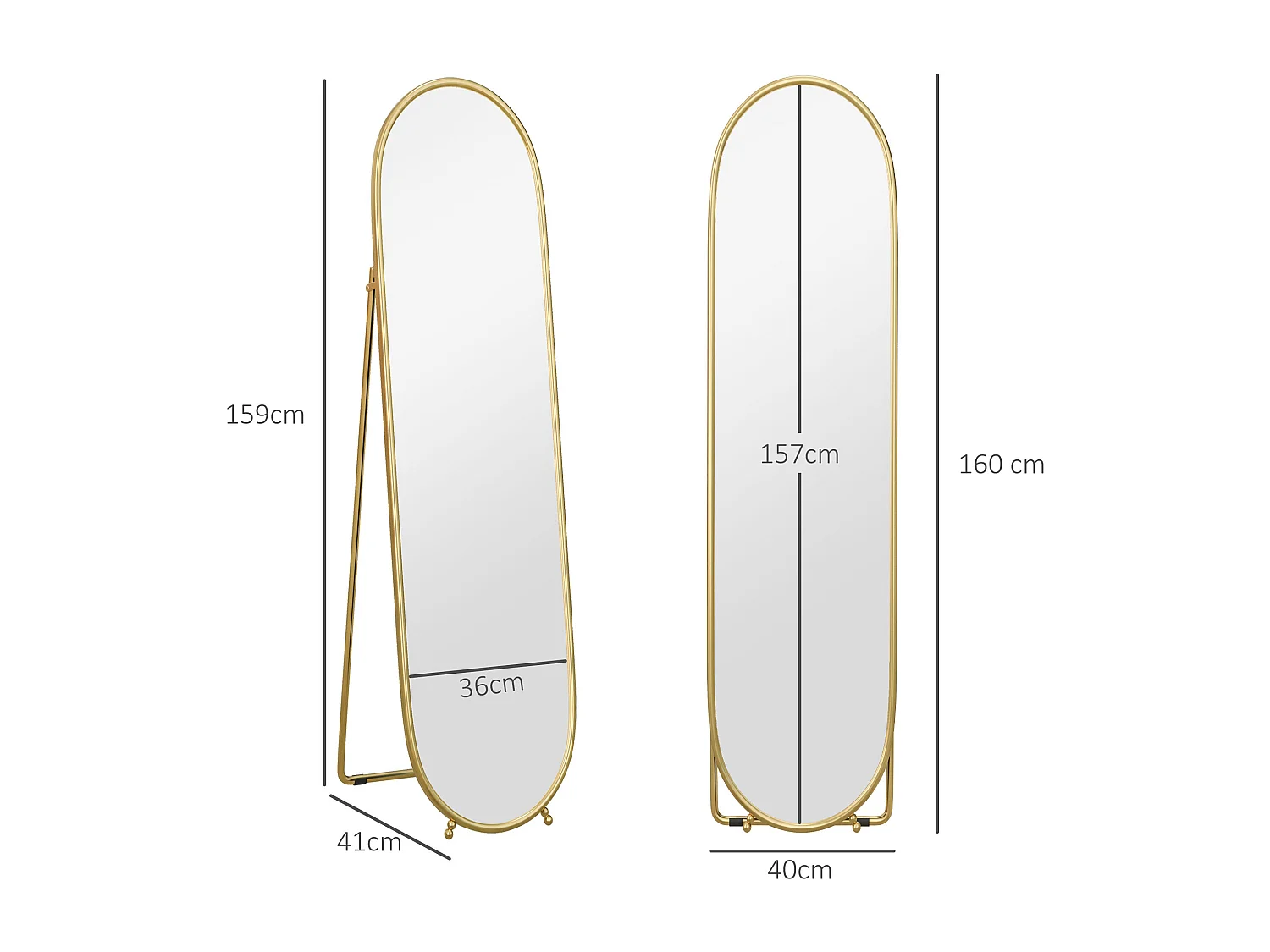 Miroir corporel avec support, métal, doré (40x4x160 cm)