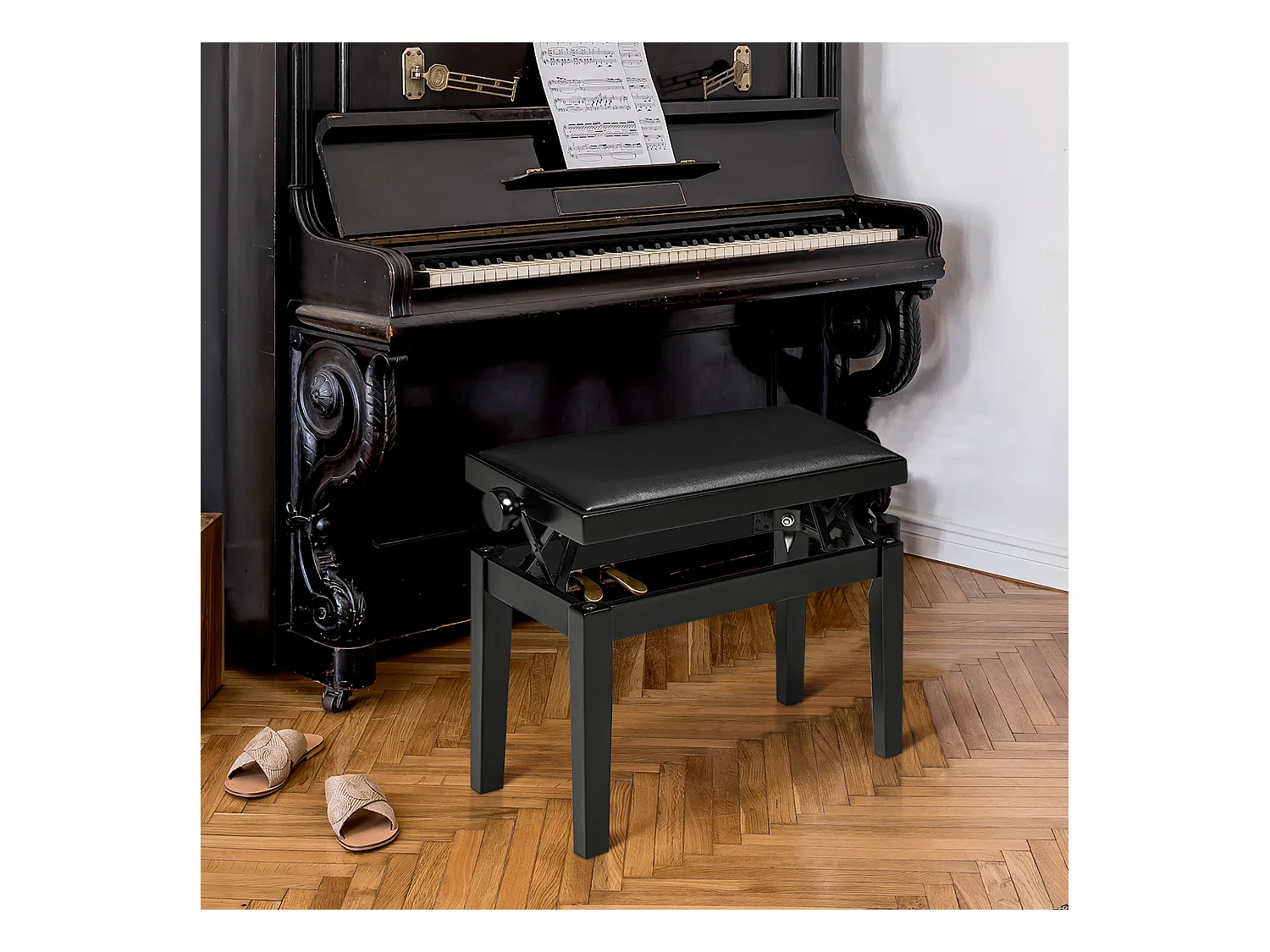 Banc de piano réglable, assise en cuir synthétique, bois caoutchouc, noir (63x33x45-56cm)