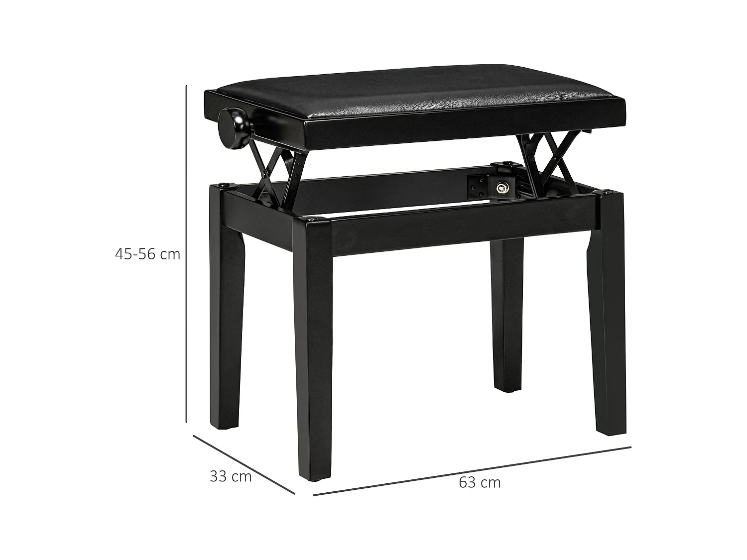 Banc de piano réglable, assise en cuir synthétique, bois caoutchouc, noir (63x33x45-56cm)