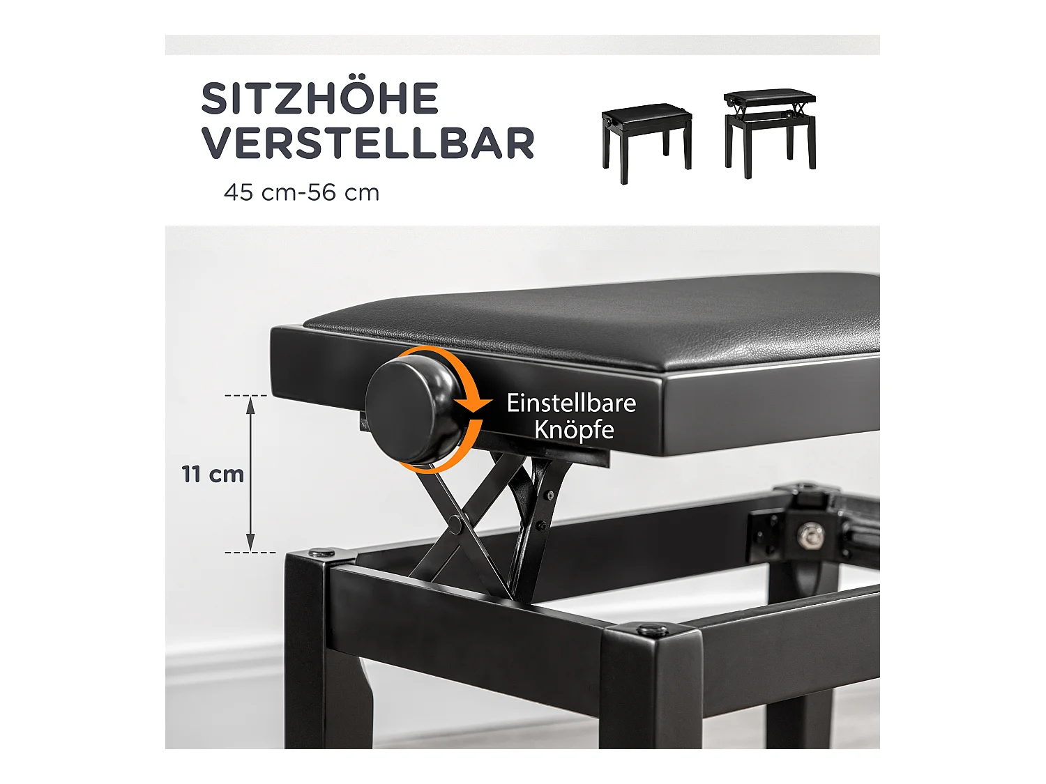 Banc de piano réglable, assise en cuir synthétique, bois caoutchouc, noir (63x33x45-56cm)