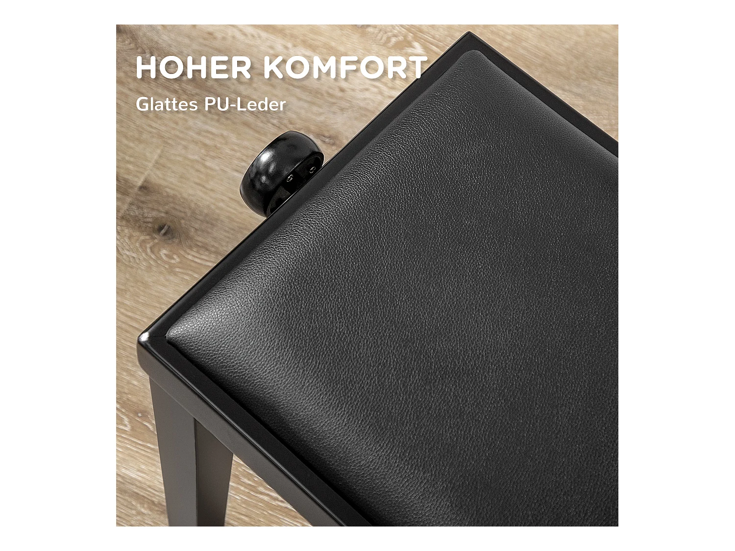 Banc de piano réglable, assise en cuir synthétique, bois caoutchouc, noir (63x33x45-56cm)