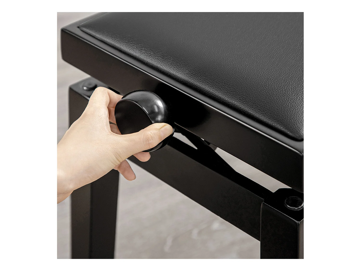 Banc de piano réglable, assise en cuir synthétique, bois caoutchouc, noir (63x33x45-56cm)