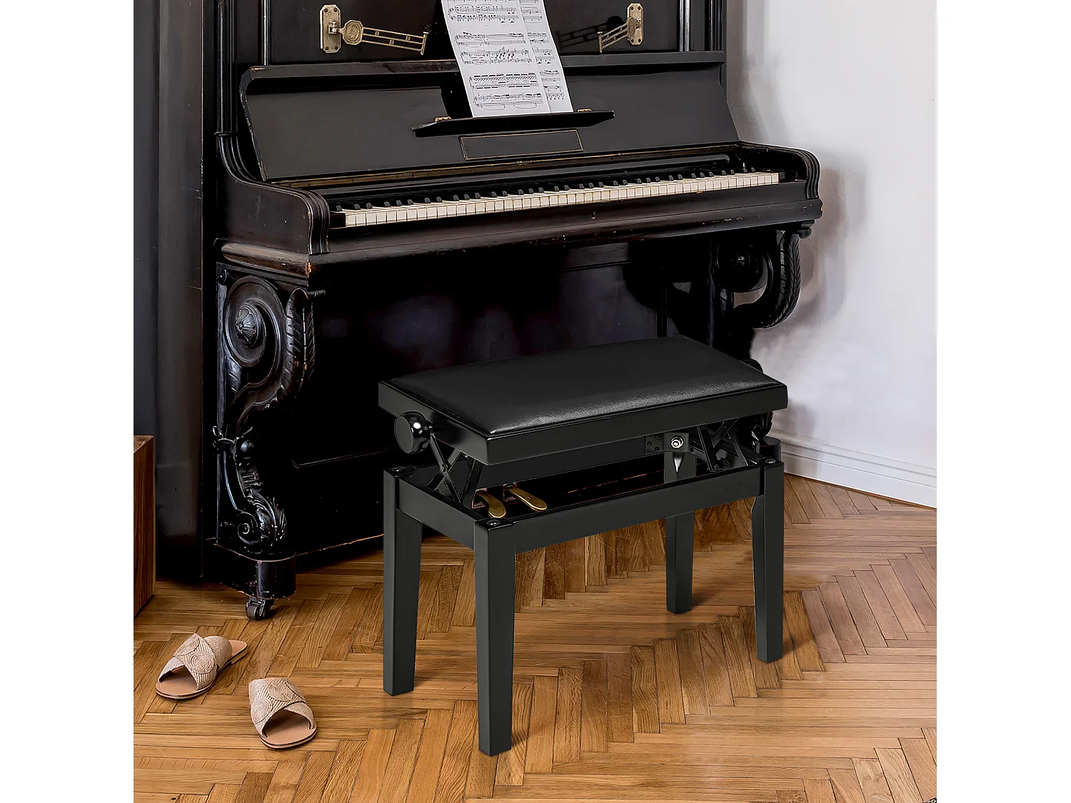 Banc de piano réglable, assise en cuir synthétique, bois caoutchouc, noir (63x33x45-56cm)