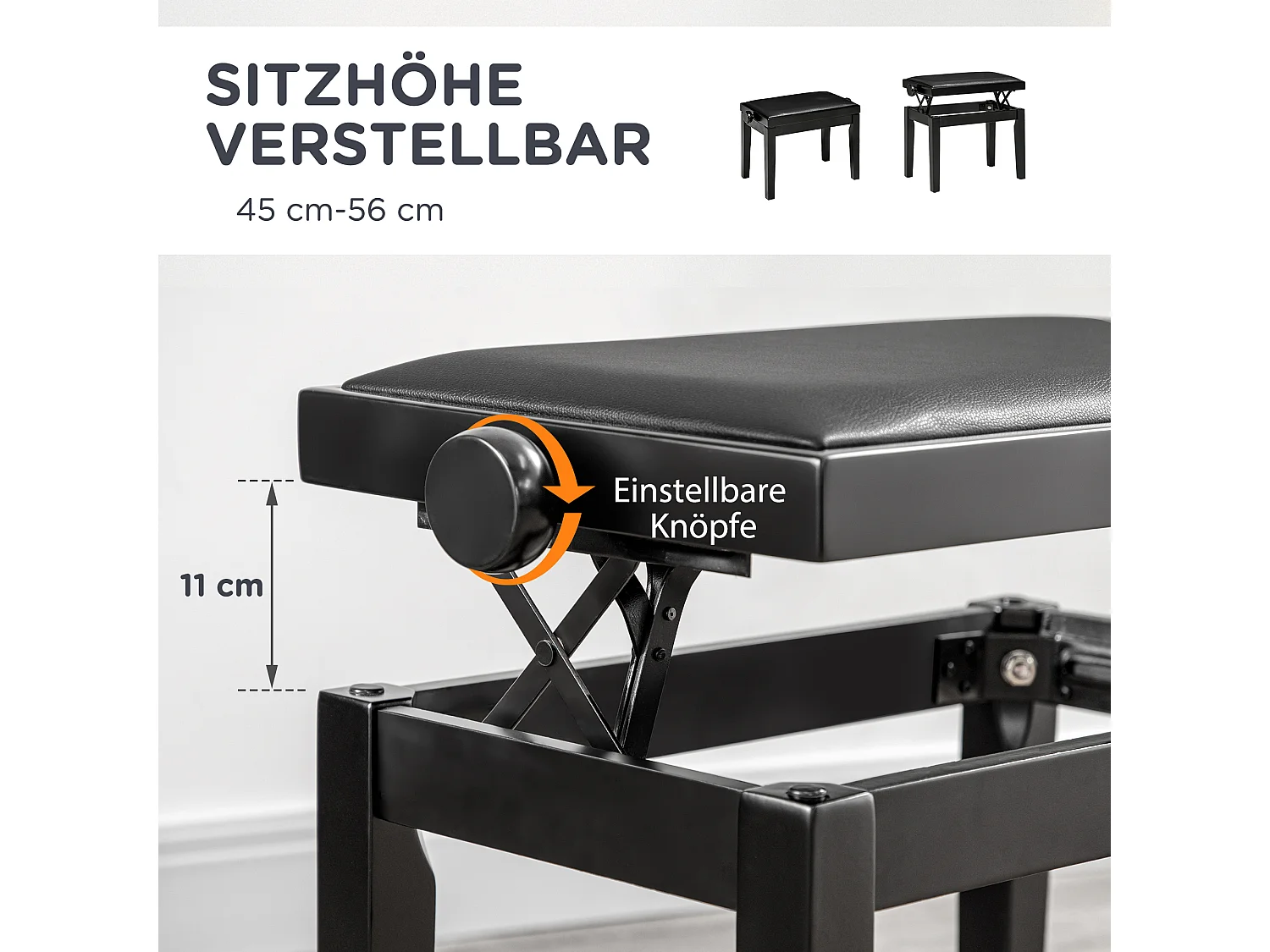 Banc de piano réglable, assise en cuir synthétique, bois caoutchouc, noir (63x33x45-56cm)