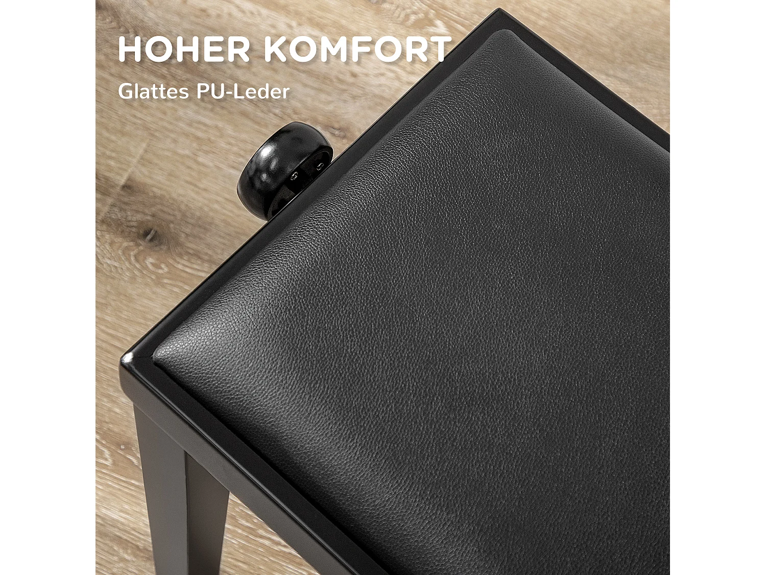 Banc de piano réglable, assise en cuir synthétique, bois caoutchouc, noir (63x33x45-56cm)